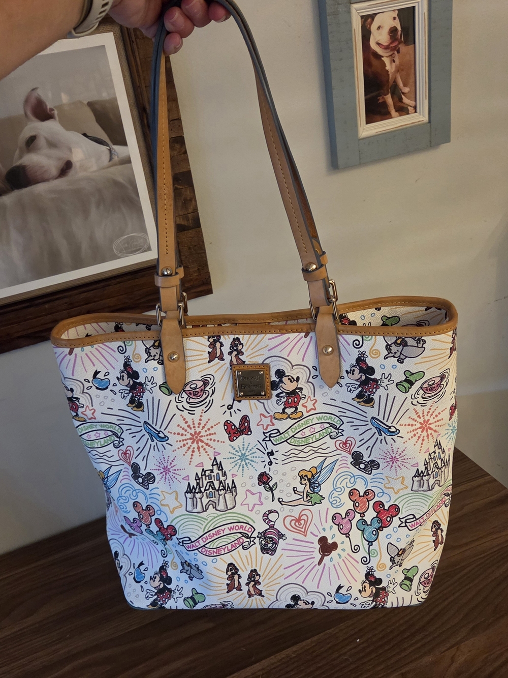 Dooney & Bourke White Multicolor Disney Sketch Tote with Tan Trim